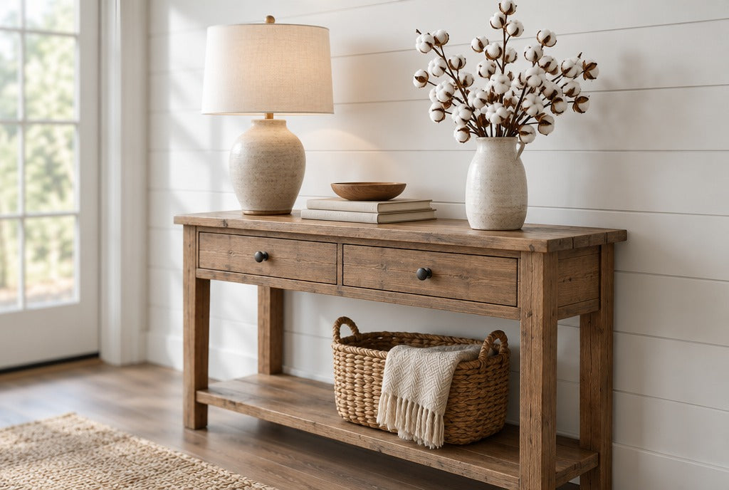 A farmhouse solid wood entry console table with a lamp, a basket and a vase of cotton stems against white shiplap