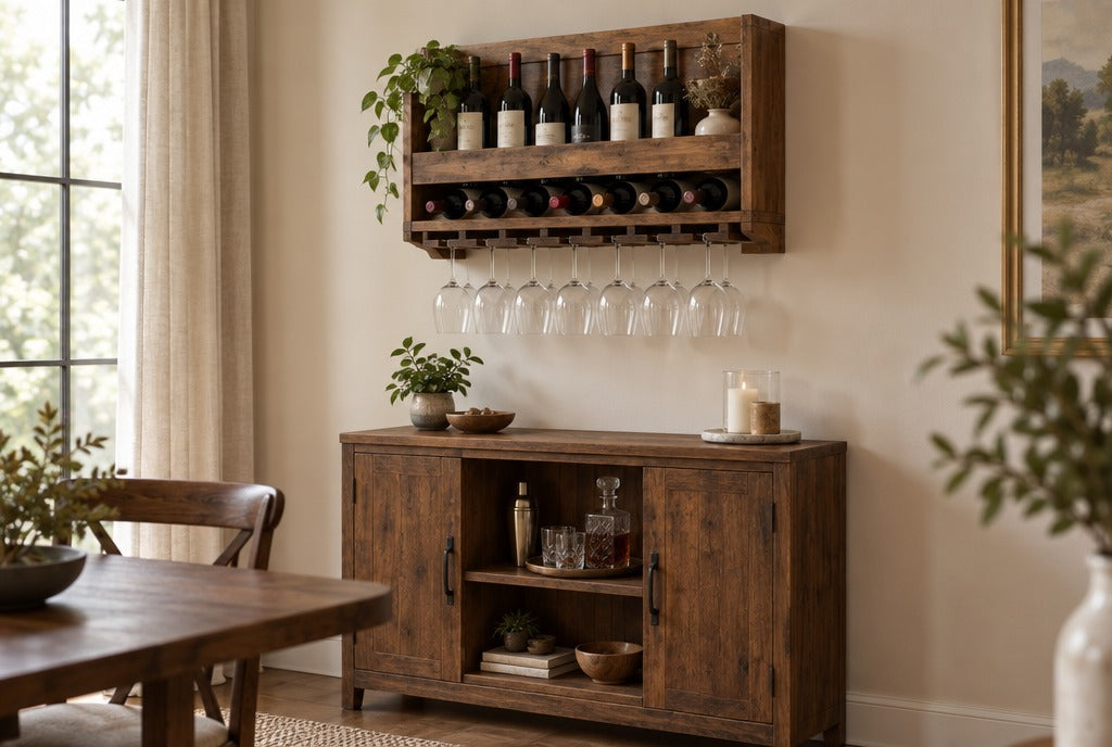 A rustic solid wood wall-mounted wine rack with bottles and glasses above a small bar cabinet in a warm dining room