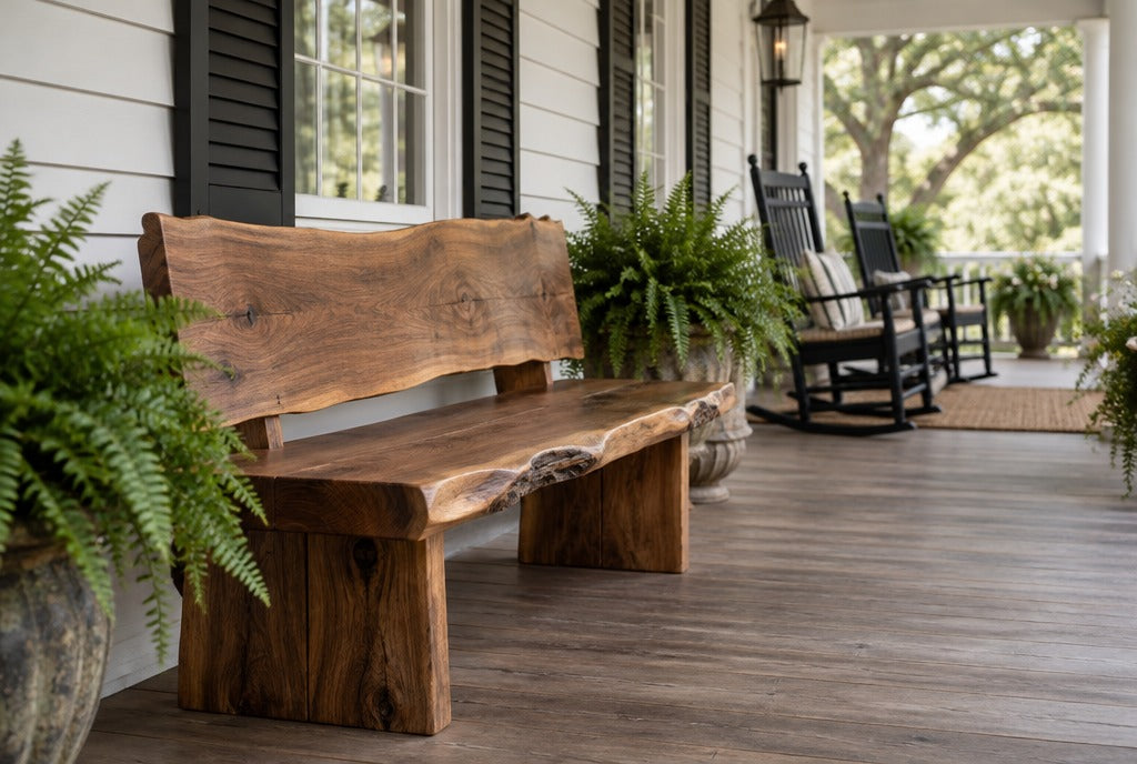 A rustic live-edge solid wood bench with a backrest on a wide Southern front porch with ferns and rocking chairs