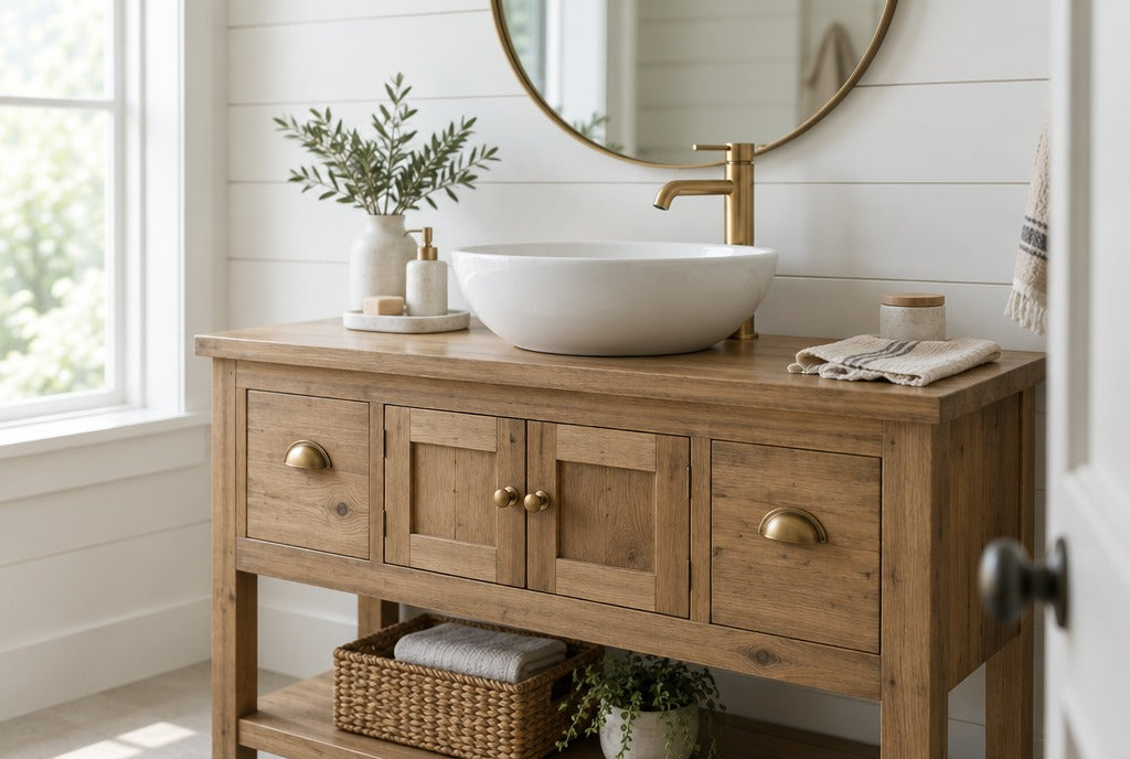 A farmhouse natural solid wood bathroom vanity with a white vessel sink and brass faucet against white shiplap