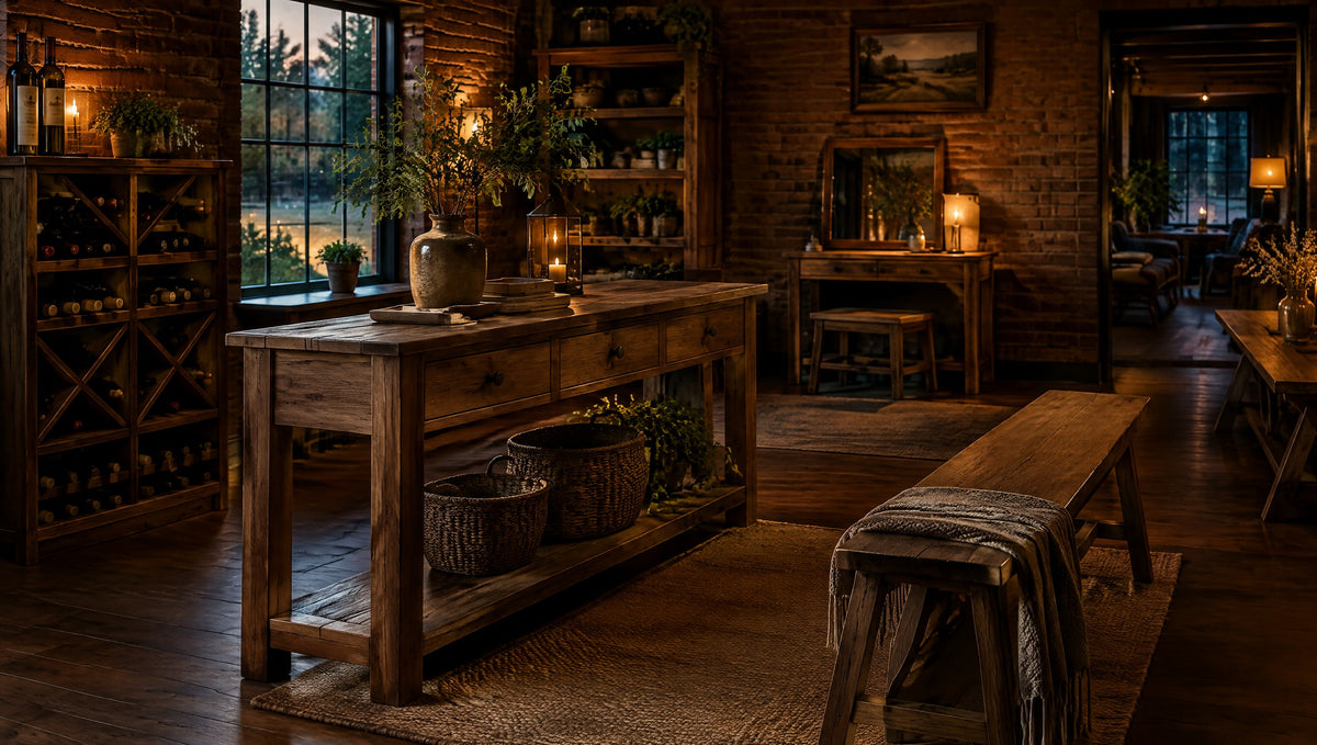 A cozy small-town furniture shop with farmhouse solid wood console tables, benches and vanities