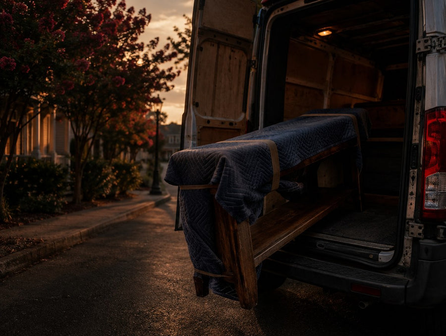 A blanket-wrapped solid wood console table loaded into a delivery van on a small-town street